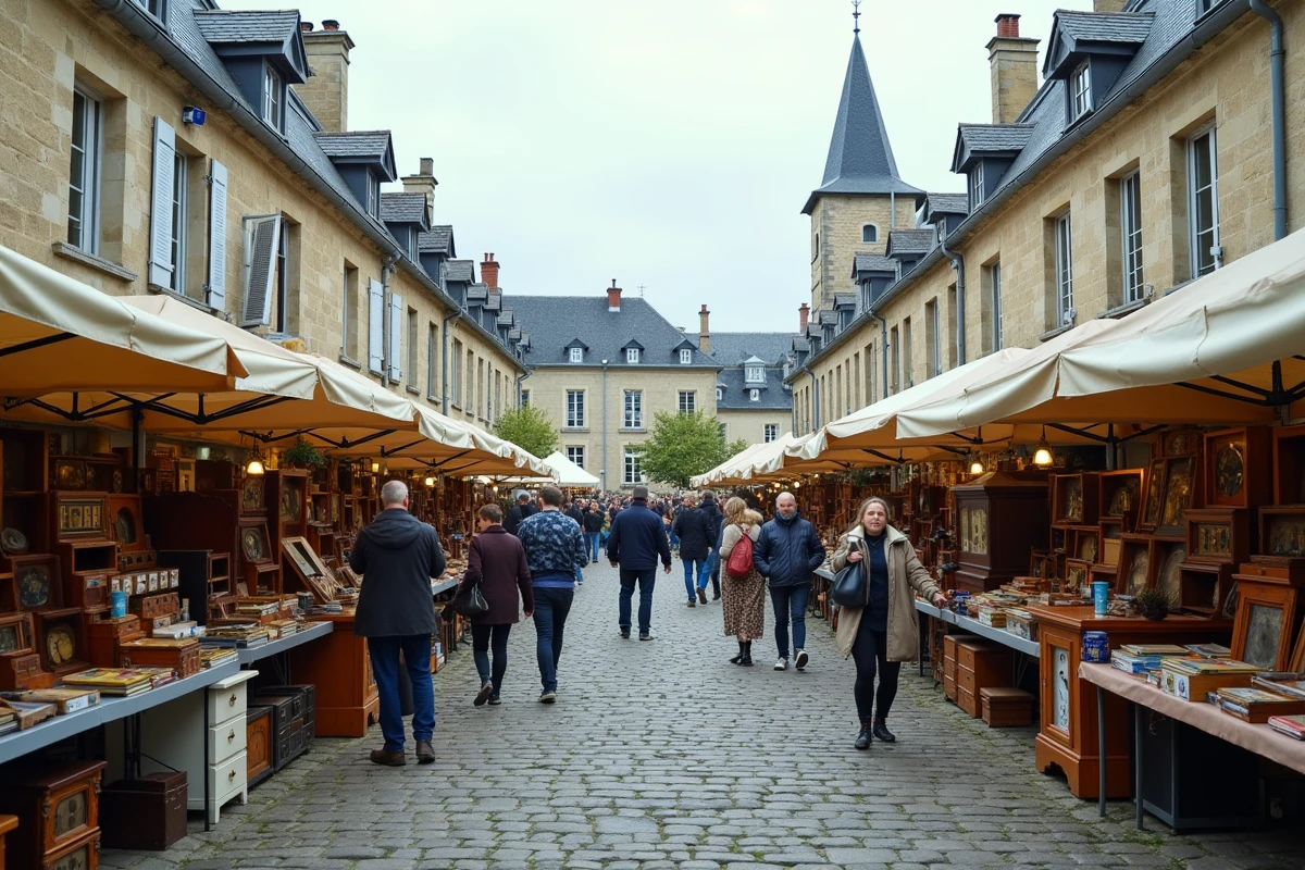 Vue panoramique d'une brocante animée sur une place de village en Meurthe-et-Moselle