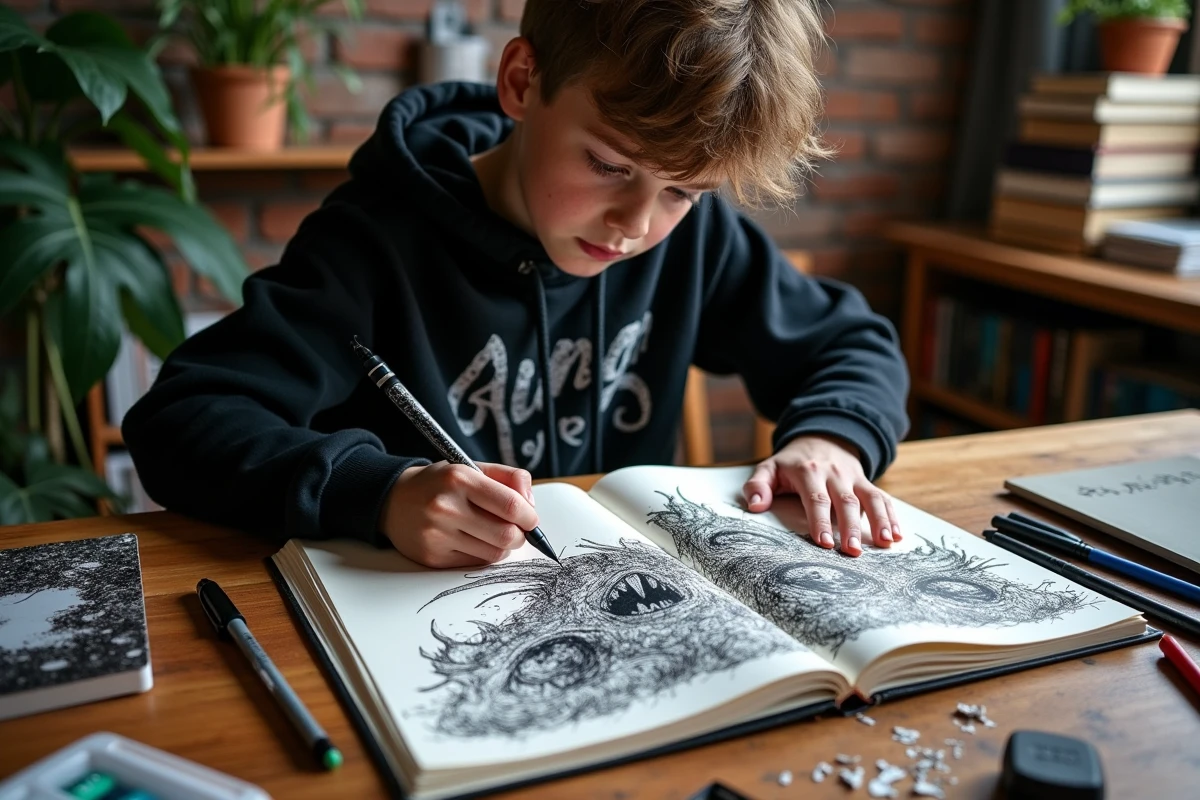 Carnet bullet journal ouvert sur des pages de dessins de monstres encre fine avec marqueurs et stylos sur bureau en bois
