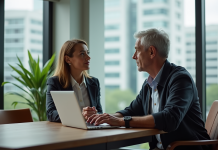 Durée d’attention moyenne chez les adultes : statistiques et conseils pratiques ! Couple au bureau moderne en réunion de travail