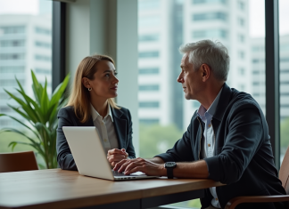 Durée d’attention moyenne chez les adultes : statistiques et conseils pratiques ! Couple au bureau moderne en réunion de travail
