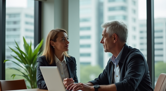 Durée d’attention moyenne chez les adultes : statistiques et conseils pratiques ! Couple au bureau moderne en réunion de travail