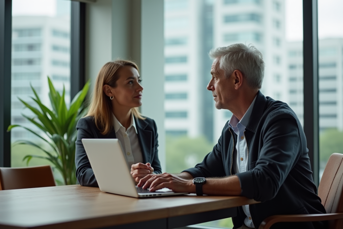 bureau-modern-couple-travail Couple au bureau moderne en réunion de travail