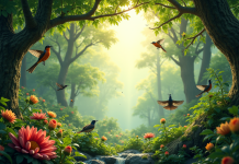 Forêt luxuriante avec faune et flore biodiversité