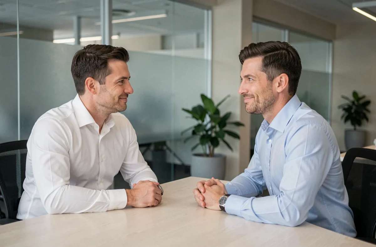 Deux collègues en discussion dans un bureau moderne, illustrant la duplicité sociale et les citations sur l'hypocrisie en milieu professionnel