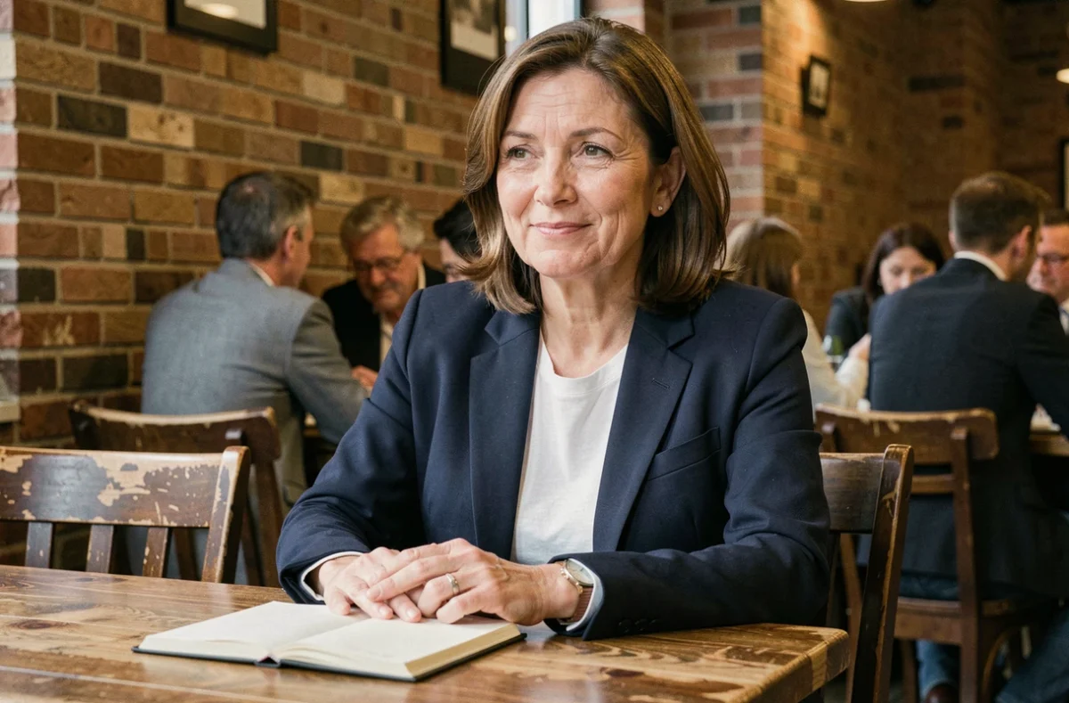 Femme pensive dans un café tenant un carnet ouvert, exprimant une ironie subtile liée aux citations sur les hypocrites