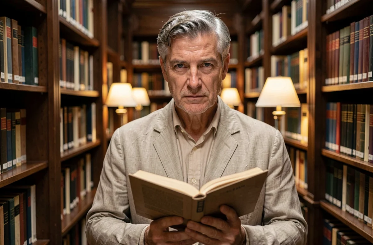 Homme mature dans une bibliothèque tenant un livre ouvert, regard ironique symbolisant la sagesse des citations sur les hypocrites