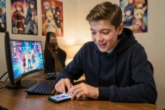 Adolescent entrant un code promo sur un jeu mobile anime Last Stand assis à son bureau
