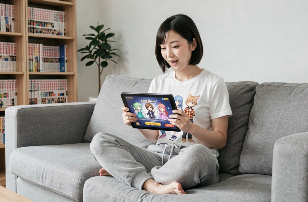 Jeune femme débloquant des personnages sur une tablette avec un code dans un jeu anime