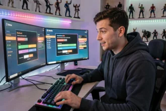 Jeune homme utilisant un code promo sur une plateforme de gaming avec interface de caisse ouverte sur plusieurs écrans