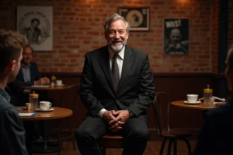 Comédien homme en costume noir lors d'un spectacle de stand-up