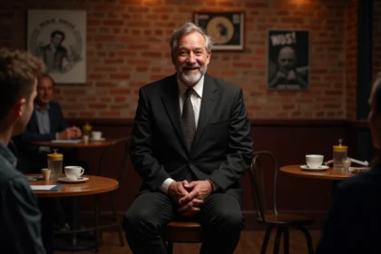 Comédien homme en costume noir lors d'un spectacle de stand-up