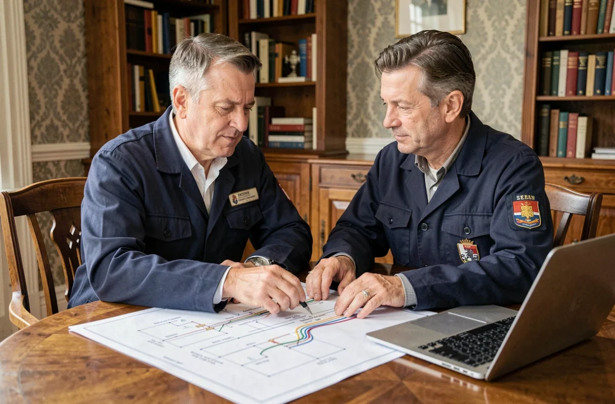 Artisan Les Compagnons Alsaciens en consultation avec un client parisien pour des travaux électriques