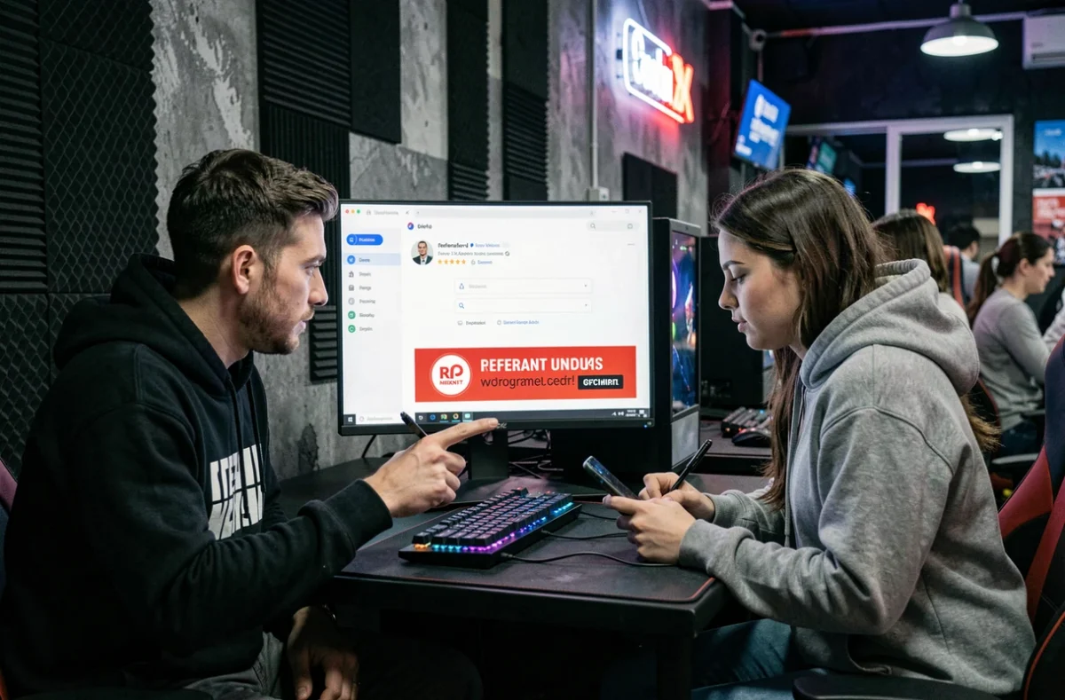 Deux joueurs comparant un lien de parrainage et une offre promotionnelle dans un café esports