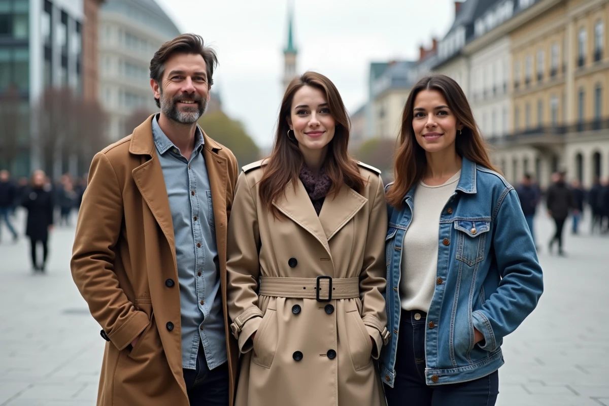 Groupe de trois adultes de tailles différentes côte à côte dans une place urbaine, représentant les variations de taille moyenne entre différents pays du monde