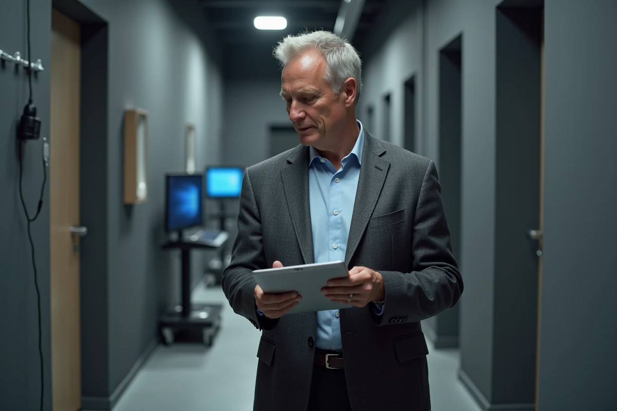 Présentateur de télévision masculin dans les coulisses du studio avec oreillette et tablette, préparant son passage en direct