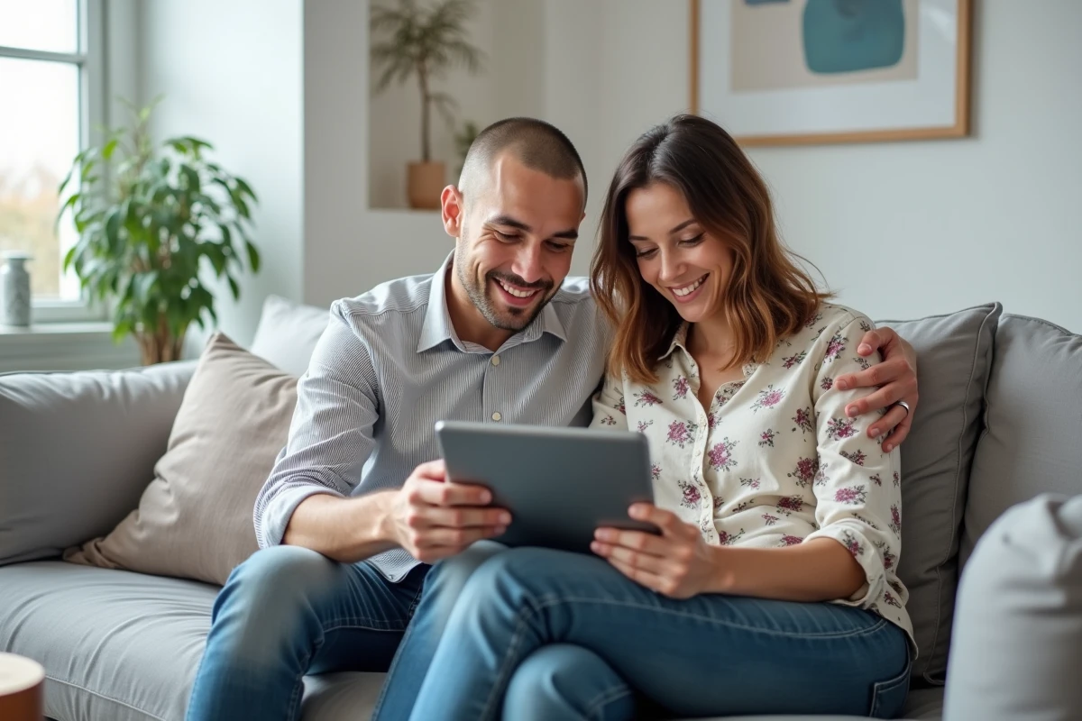 Deux adultes consultant ensemble une tablette sur un canapé pour évaluer la fiabilité d'un site de rencontre trans