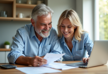 Couple souriant examinant des documents financiers à la maison