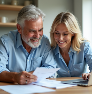 Couple souriant examinant des documents financiers à la maison