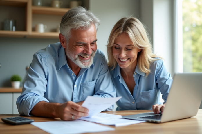 Couple souriant examinant des documents financiers à la maison