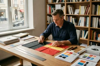 Designer comparant deux versions du drapeau noir rouge jaune avec des proportions incorrectes et correctes sur un bureau d'atelier graphique