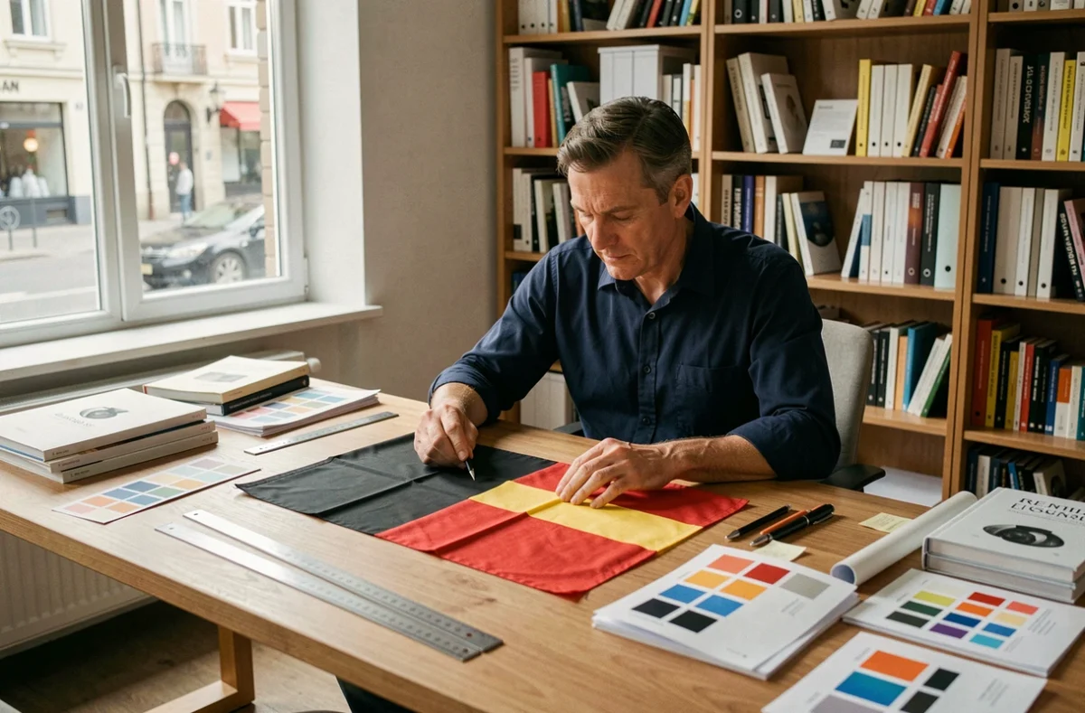 Designer comparant deux versions du drapeau noir rouge jaune avec des proportions incorrectes et correctes sur un bureau d'atelier graphique