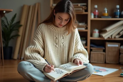 Jeune femme dessinant des monstres rigolos dans un carnet de croquis ouvert sur ses genoux dans un atelier artistique