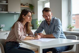 Deux adultes revoyant des documents de location dans une cuisine lumineuse