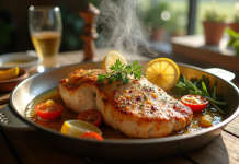 Escalope de dinde dorée fraîche sortie du four avec herbes et citron