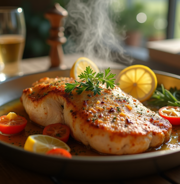 Préparer des escalopes de dinde au four moelleuses et parfumées Escalope de dinde dorée fraîche sortie du four avec herbes et citron