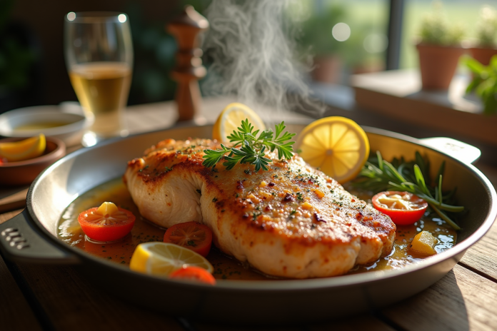 Escalope de dinde dorée fraîche sortie du four avec herbes et citron