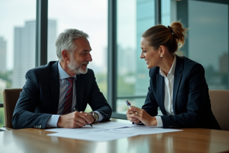 Homme et femme d'affaires discutant de documents dans un bureau moderne