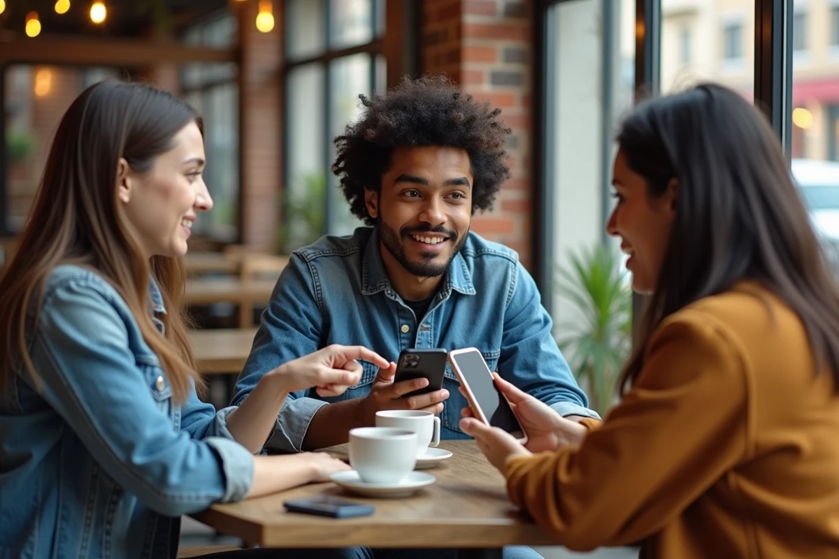 Groupe de jeunes discutant de la polémique autour d'un youtubeur dans un café
