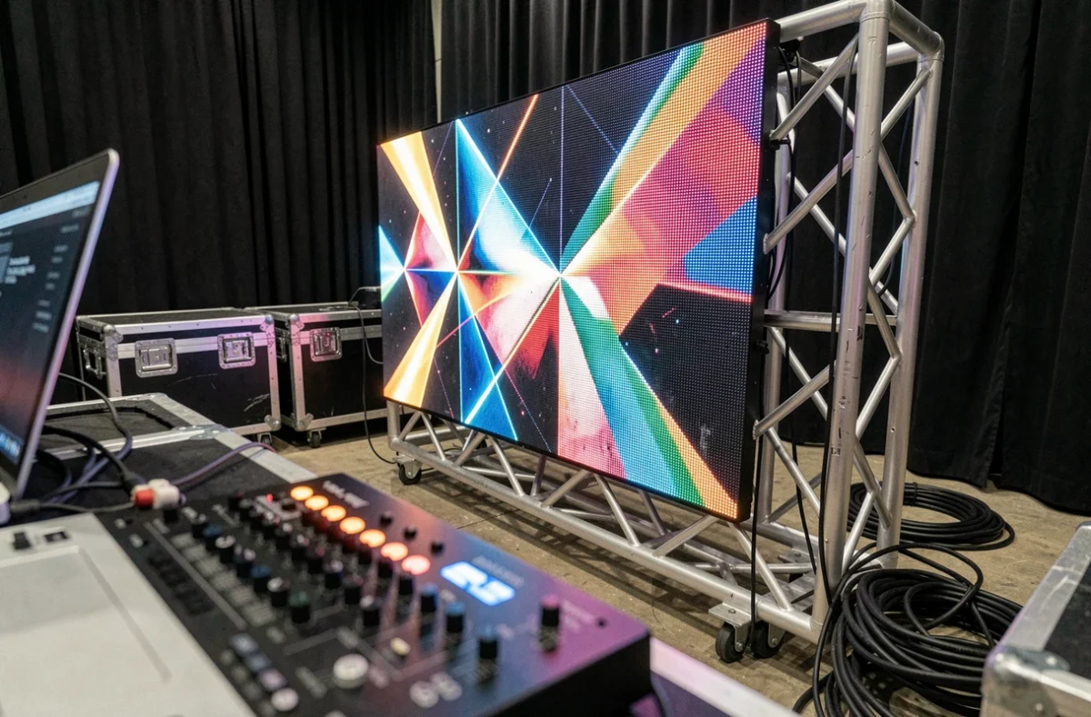 Écran LED professionnel et contrôleur MIDI sur scène lors d'une installation VJ en conditions live