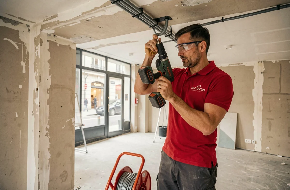 Électricien Électricité Multiservices installant un conduit électrique en plafond dans un local commercial parisien