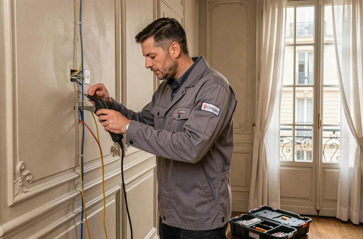 Technicien Électricité Paris Habitat diagnostiquant le câblage mural dans un appartement haussmannien