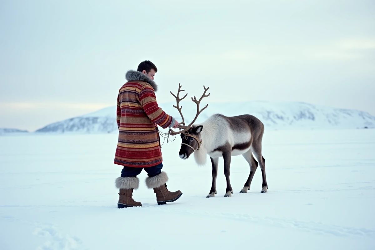 Éleveur sami en costume traditionnel guidant un renne en laisse sur la toundra enneigée de Laponie