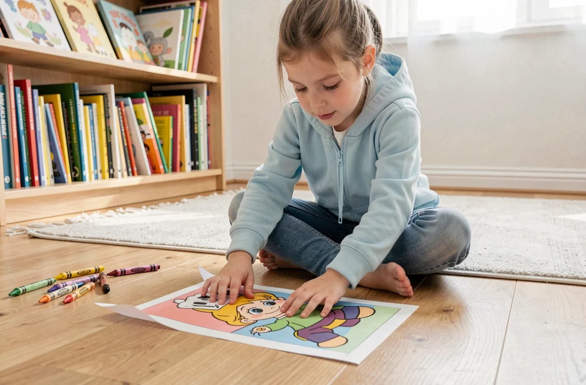 Enfant apprenant à décalquer le personnage Stella sur un modèle imprimé posé sur le sol