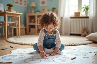 Petite fille avec crayons colorant une moto en jouant