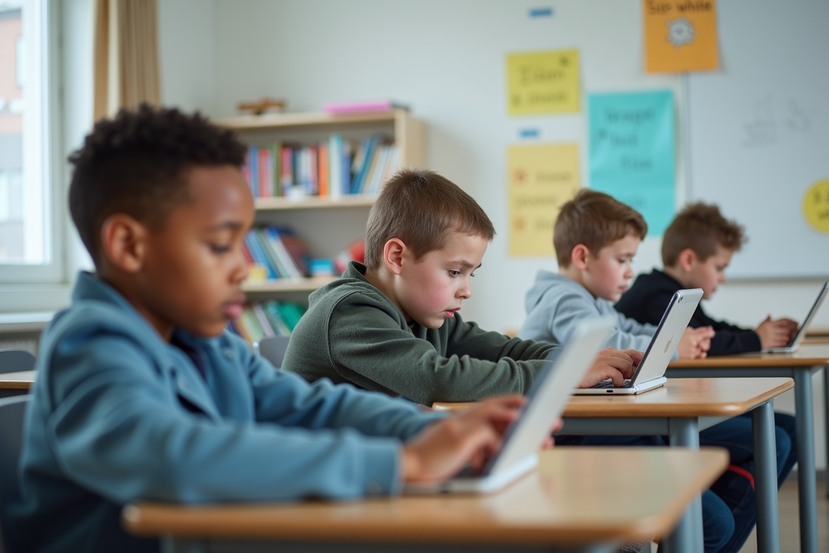Groupe d enfants utilisant des tablettes en classe moderne