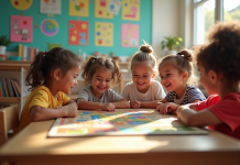 Enfants divers jouant à un jeu éducatif en classe lumineuse
