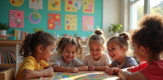 Enfants divers jouant à un jeu éducatif en classe lumineuse