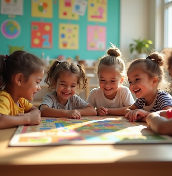 Enfants divers jouant à un jeu éducatif en classe lumineuse