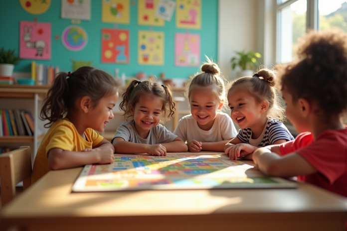 Enfants divers jouant à un jeu éducatif en classe lumineuse