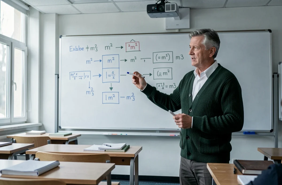 Enseignant expliquant des formules de conversion m2 en m3 devant un tableau blanc dans une salle de classe universitaire