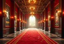 Entrée de cinema élégante avec tapis rouge et affiches vintage