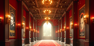 Entrée de cinema élégante avec tapis rouge et affiches vintage