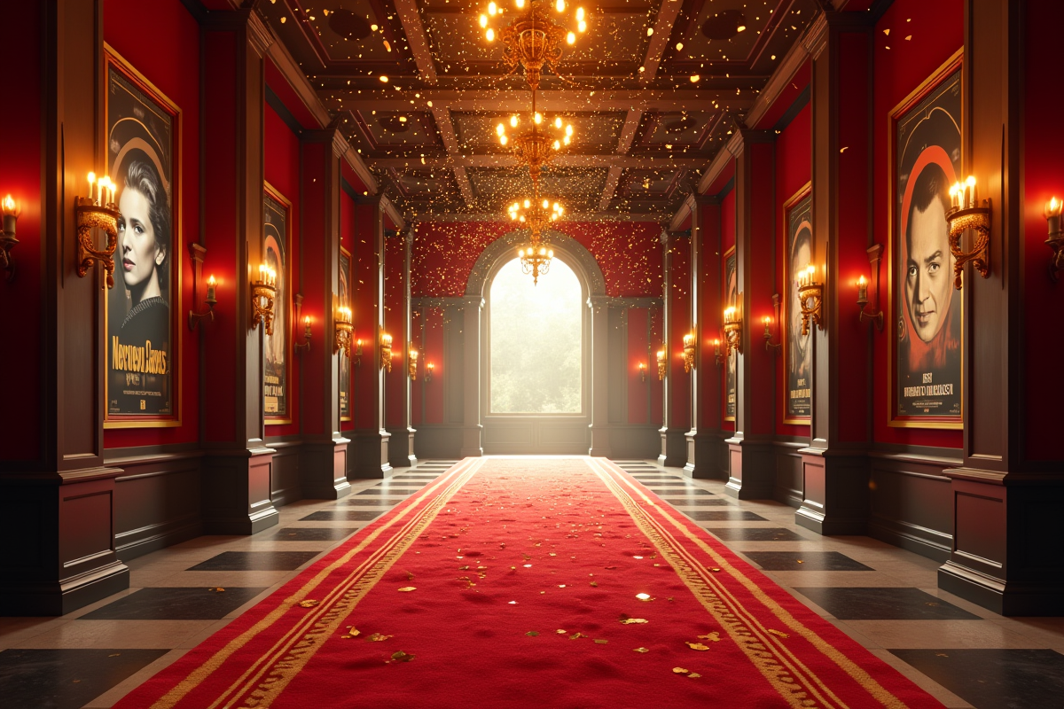 Entrée de cinema élégante avec tapis rouge et affiches vintage