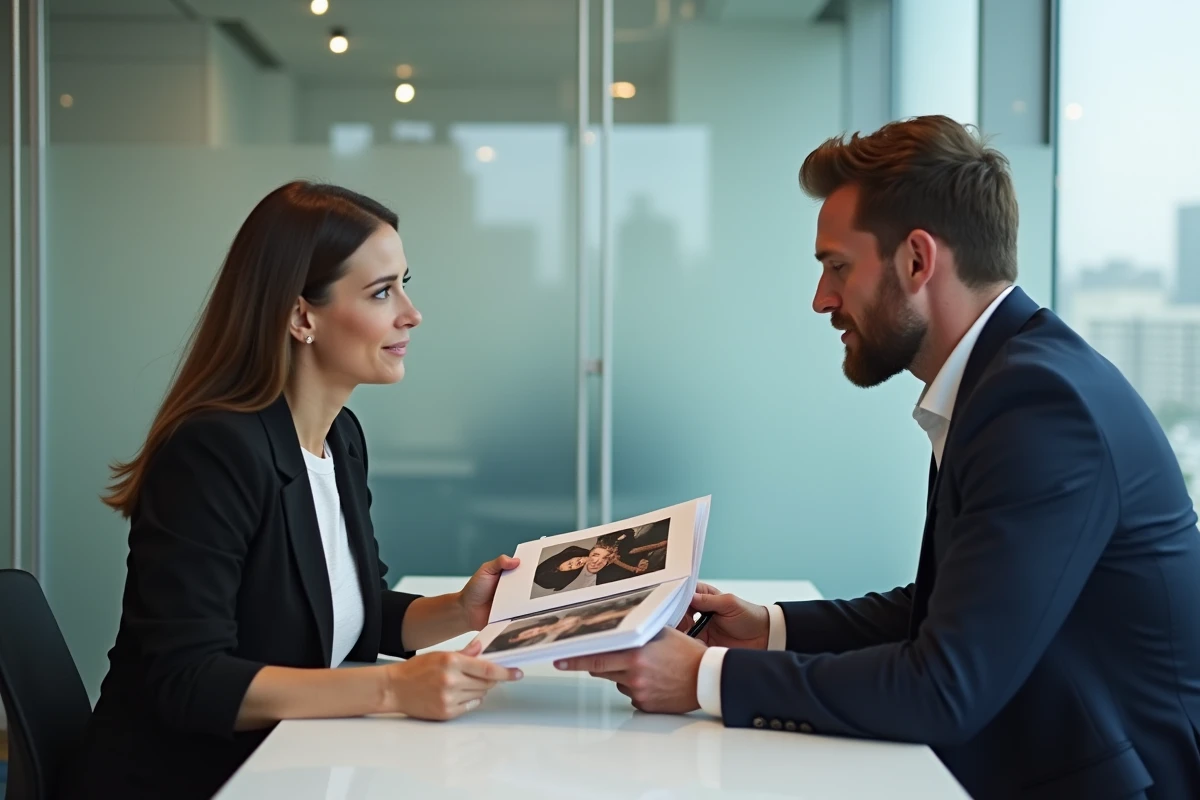 Candidate présentant son book photo à un directeur de casting lors d'un entretien pour figurant