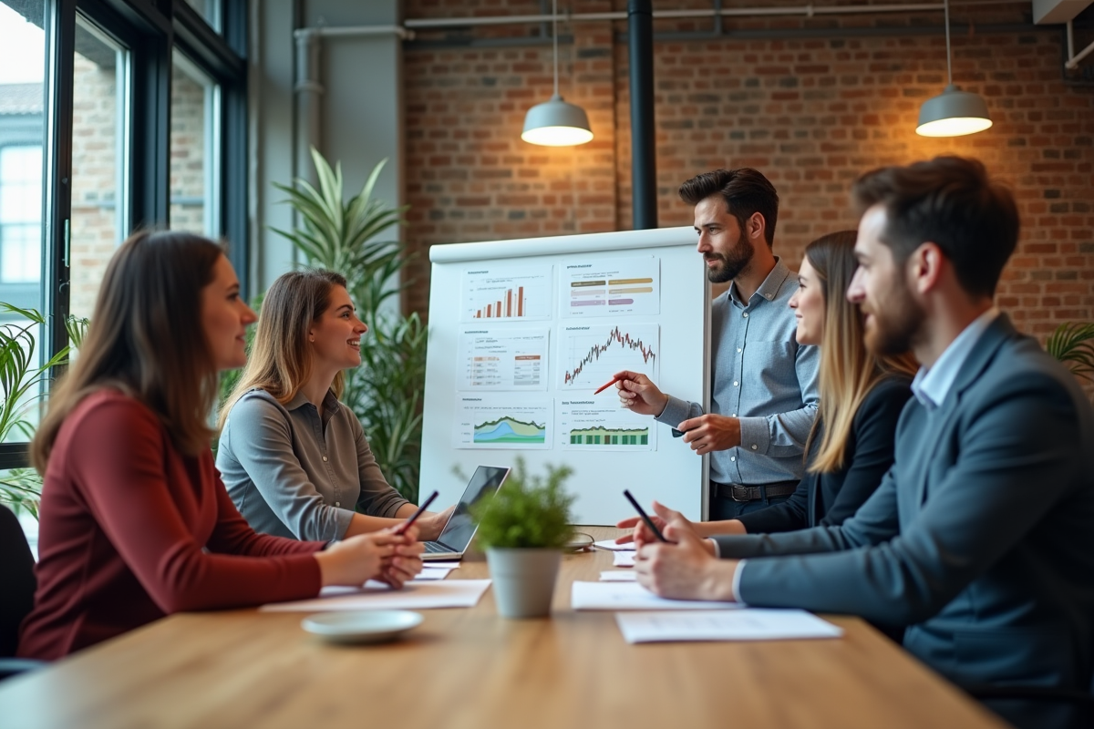 Groupe de quatre professionnels discutant autour d