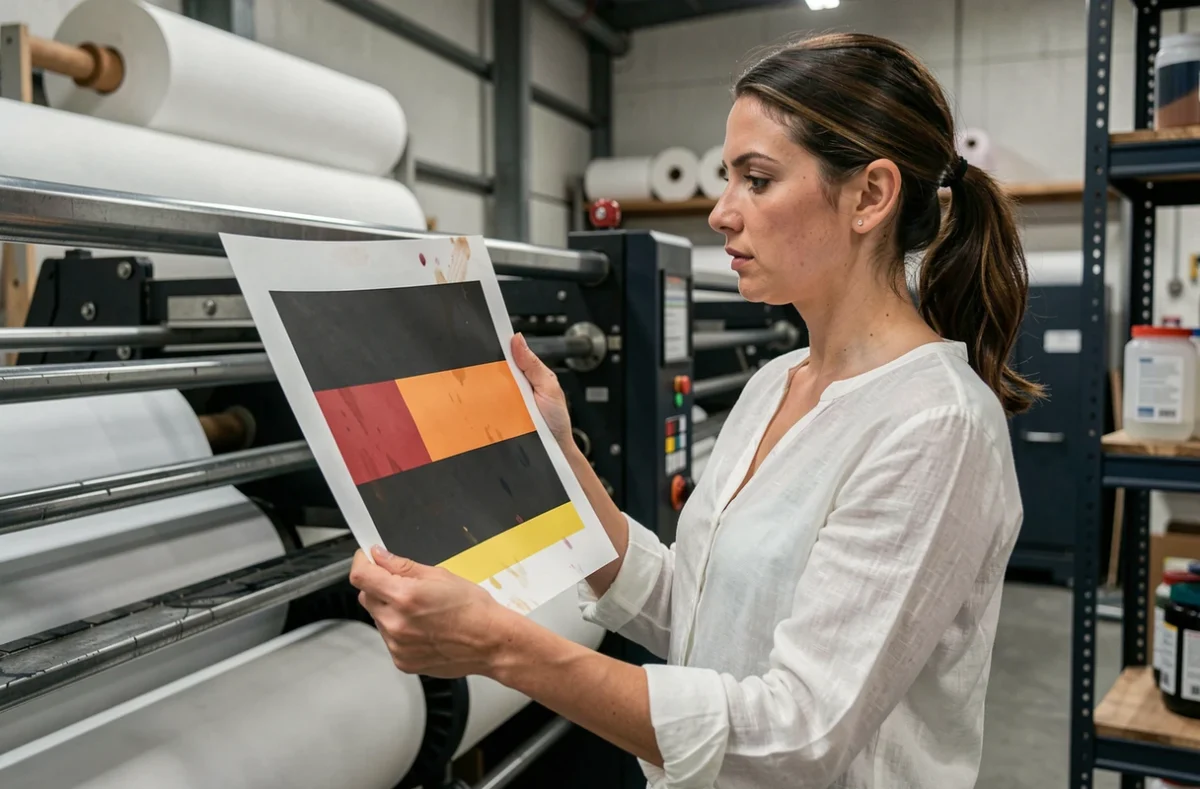 Femme examinant un tirage imprimé du drapeau belge avec des erreurs de couleurs visibles dans un atelier d'impression industriel
